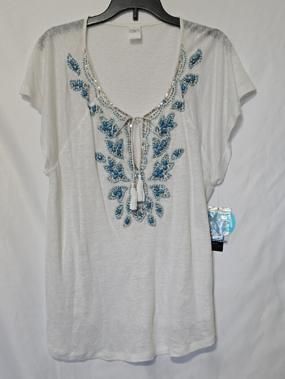 NWT INC Beach White Linen Knit Beaded Sequin Boho Cover Up